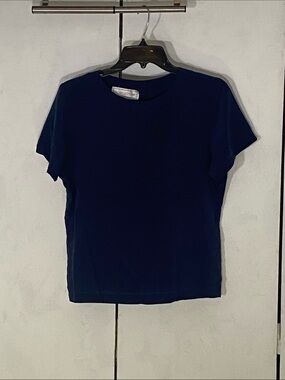 Michelle Stuart Navy Short Sleeve Crewneck Silk Blouse Medium
